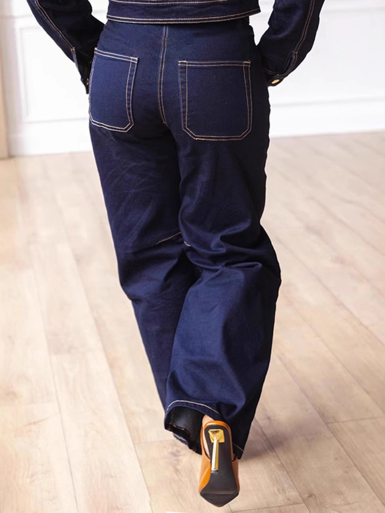 Denim Zipper Front Jacket and Stitched Wide-Leg Jean Set