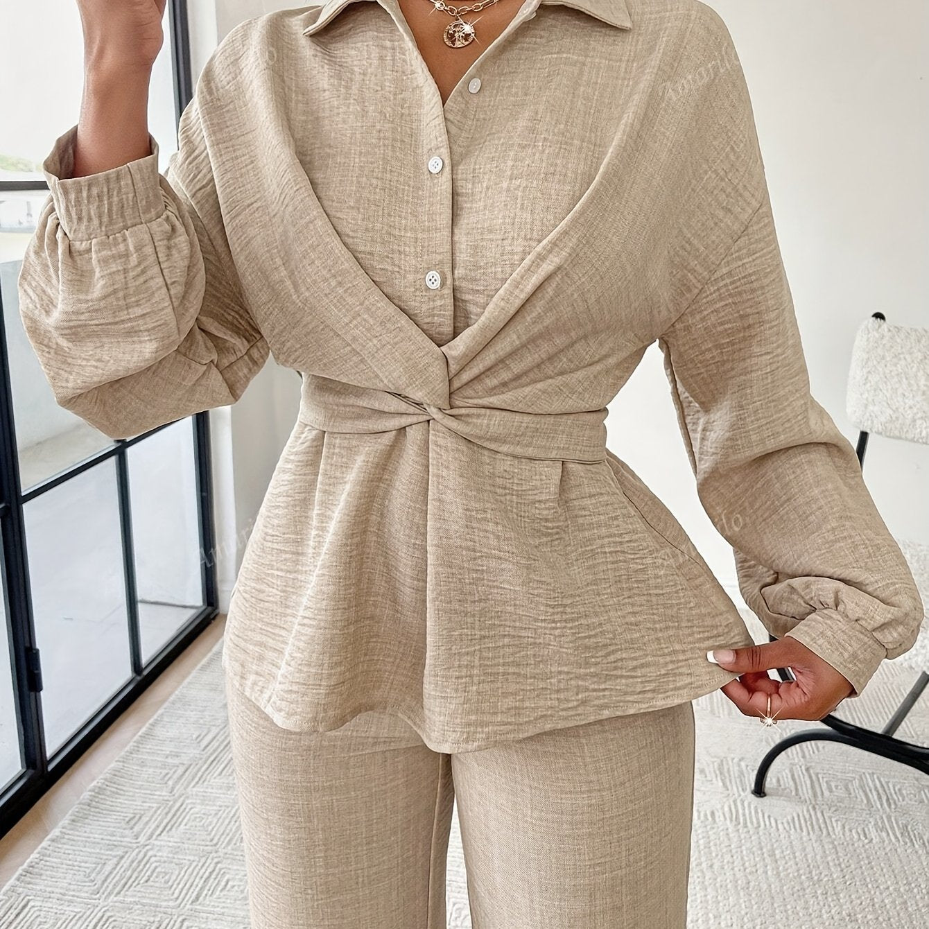 Double Layered Wrap Top and Capri Wide Leg Pants Set