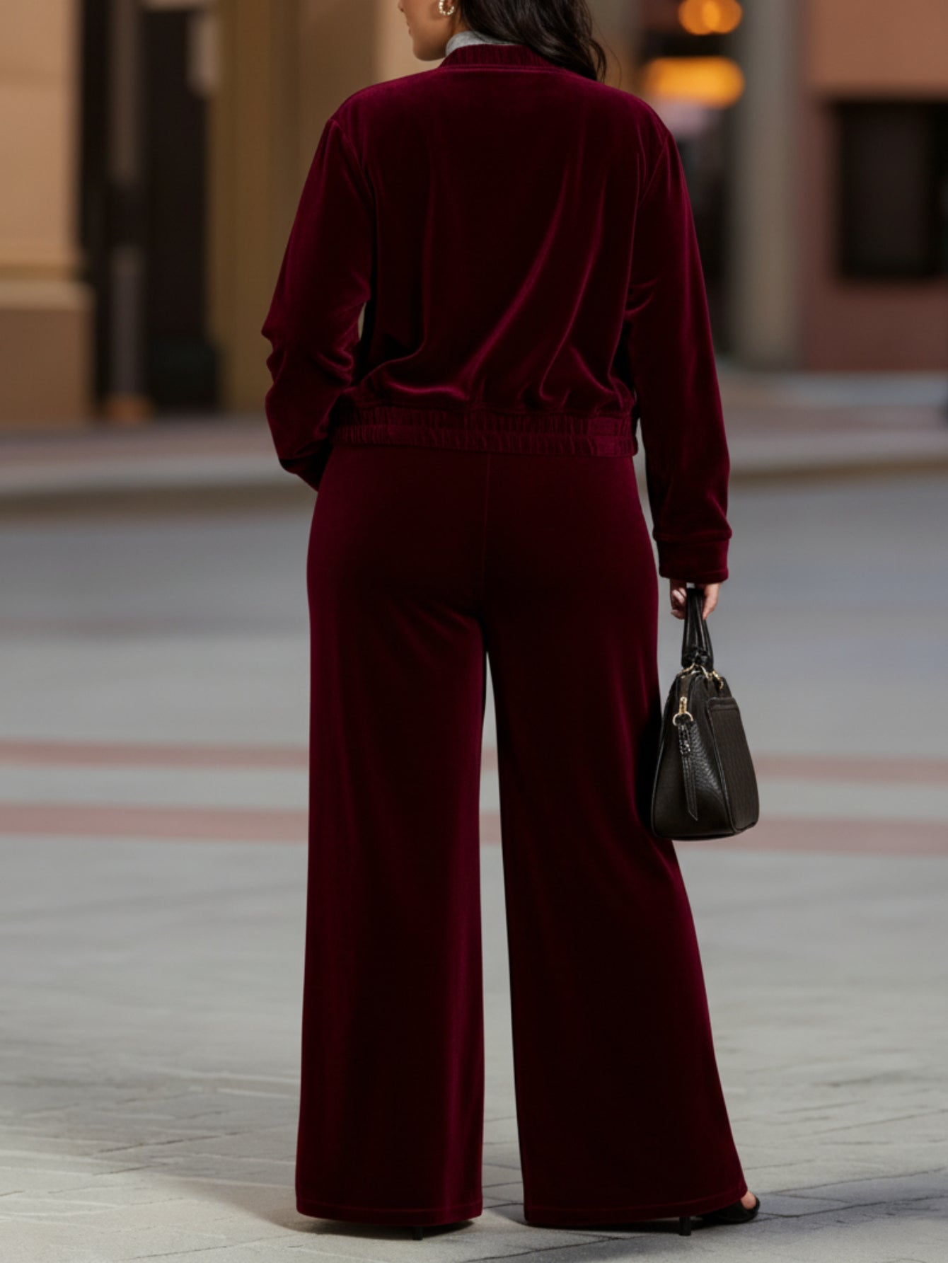 Retro Style Crimson Short Jacket & Wide-Leg Pant Set