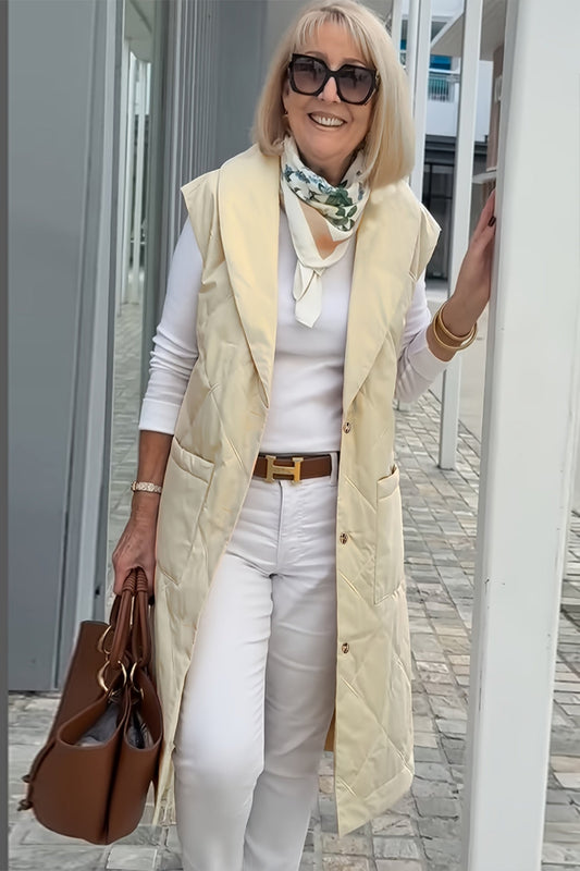 Beige Quilted Design with Button Front Sleeveless Vest
