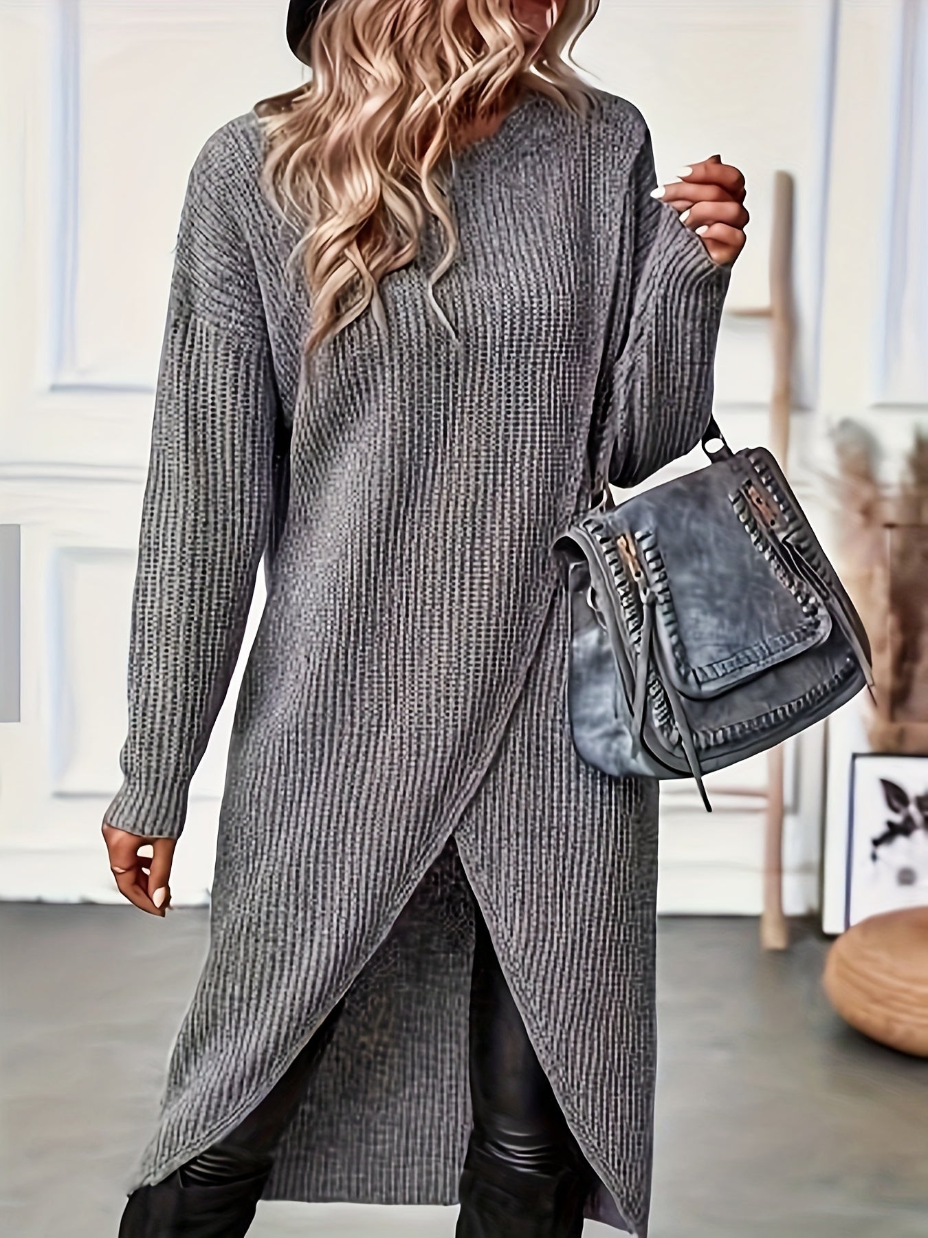 Grey Asymmetrical Sweater Dress – Chic High-Low Hem Knit Midi Dress for Women