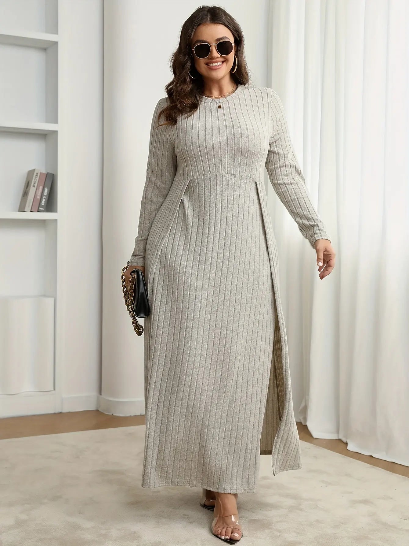 Grey Ribbed Split Waist Dress Ali Express