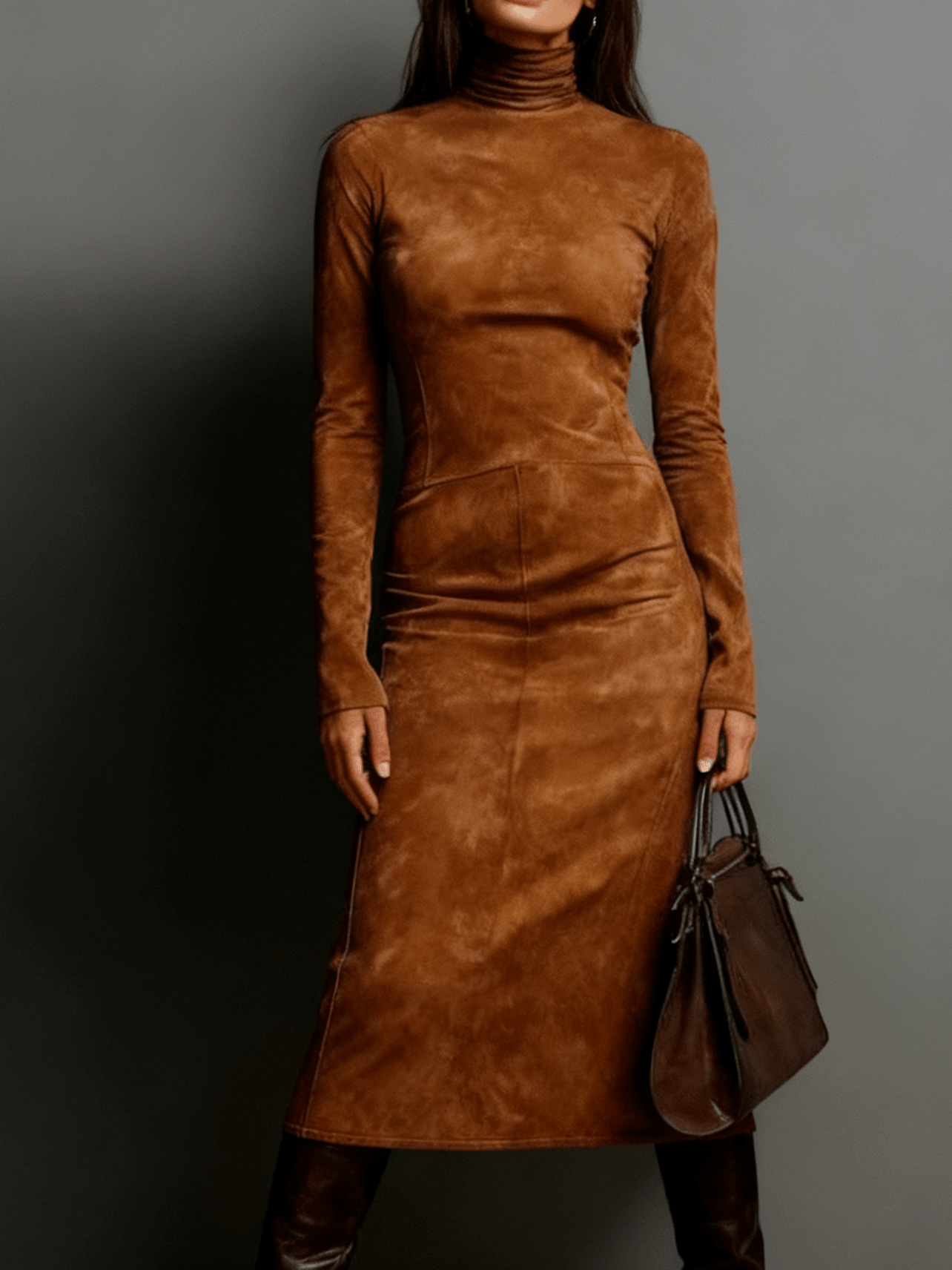 Faux Suede Bodycon Dress with High Neck