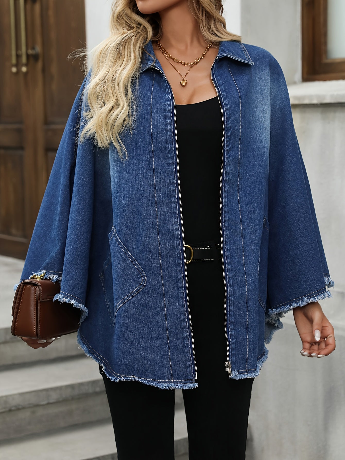 Denim Zipper Cloak Top