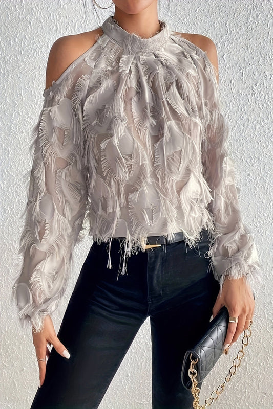 Feather-Like Plush Semi-Sheer Open-Shoulder Blouse – Luxe Evening Top