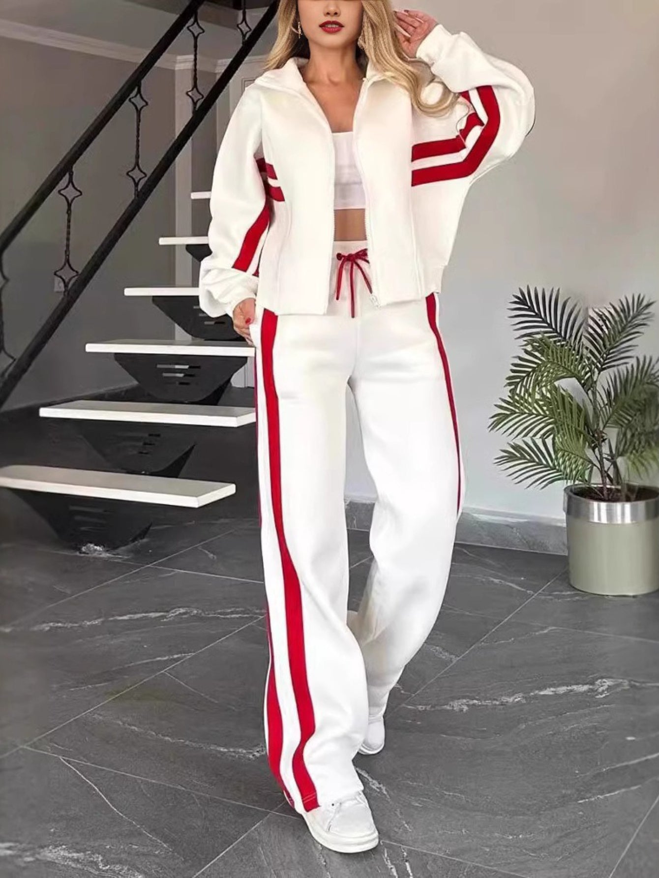 Striped Zipper Jacket and Pants Set