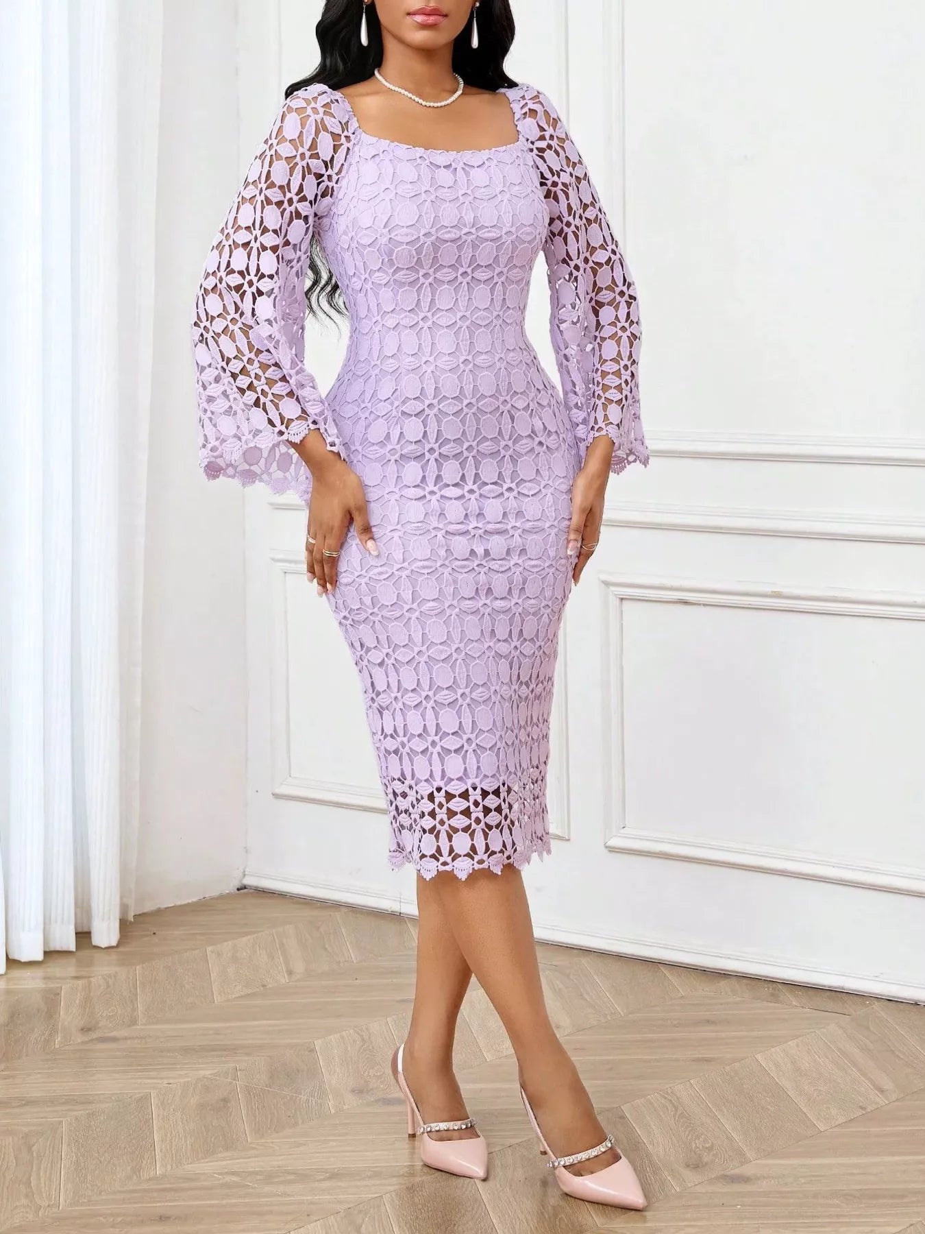 Lace square neck midi dress by Trendsi, featuring a fitted bodice, long sleeves, and a flowing midi skirt in soft lace fabric.