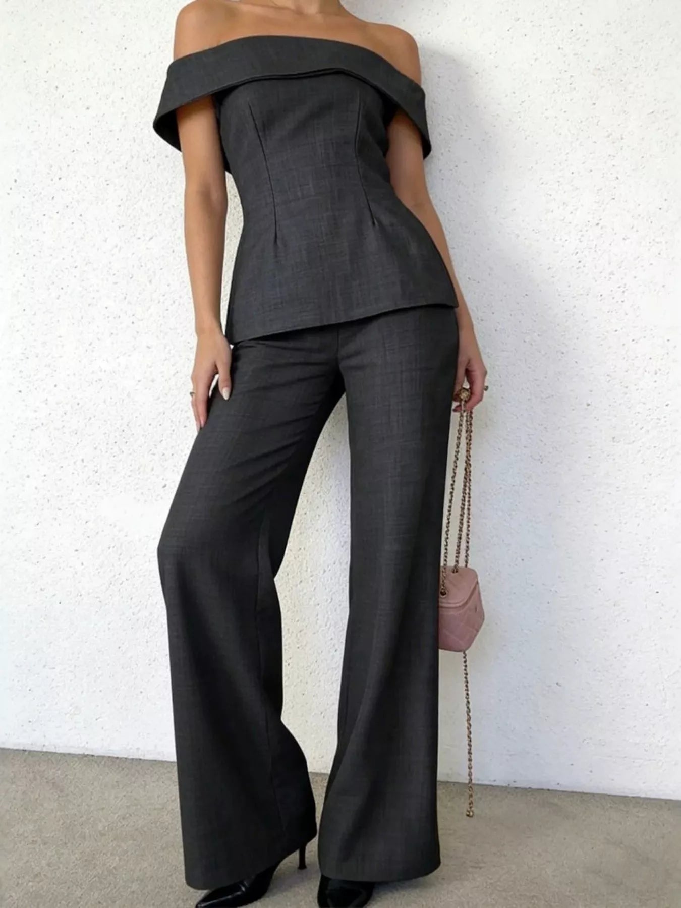 After 5 off-shoulder top and wide-leg pants set by Trendsi, featuring a stylish off-shoulder design and flowing wide-leg pants.