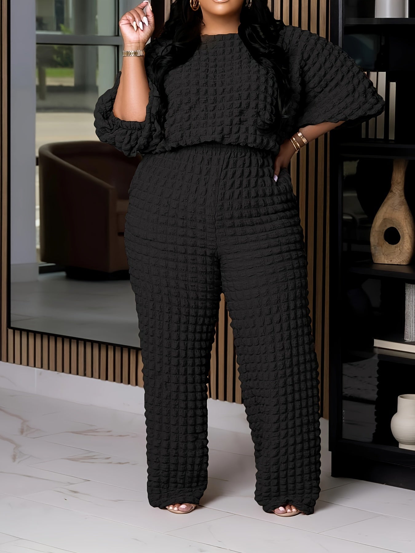 Black Comfy Bubble Cloth Two-Piece Set – Relaxed Top & Wide-Leg Pants