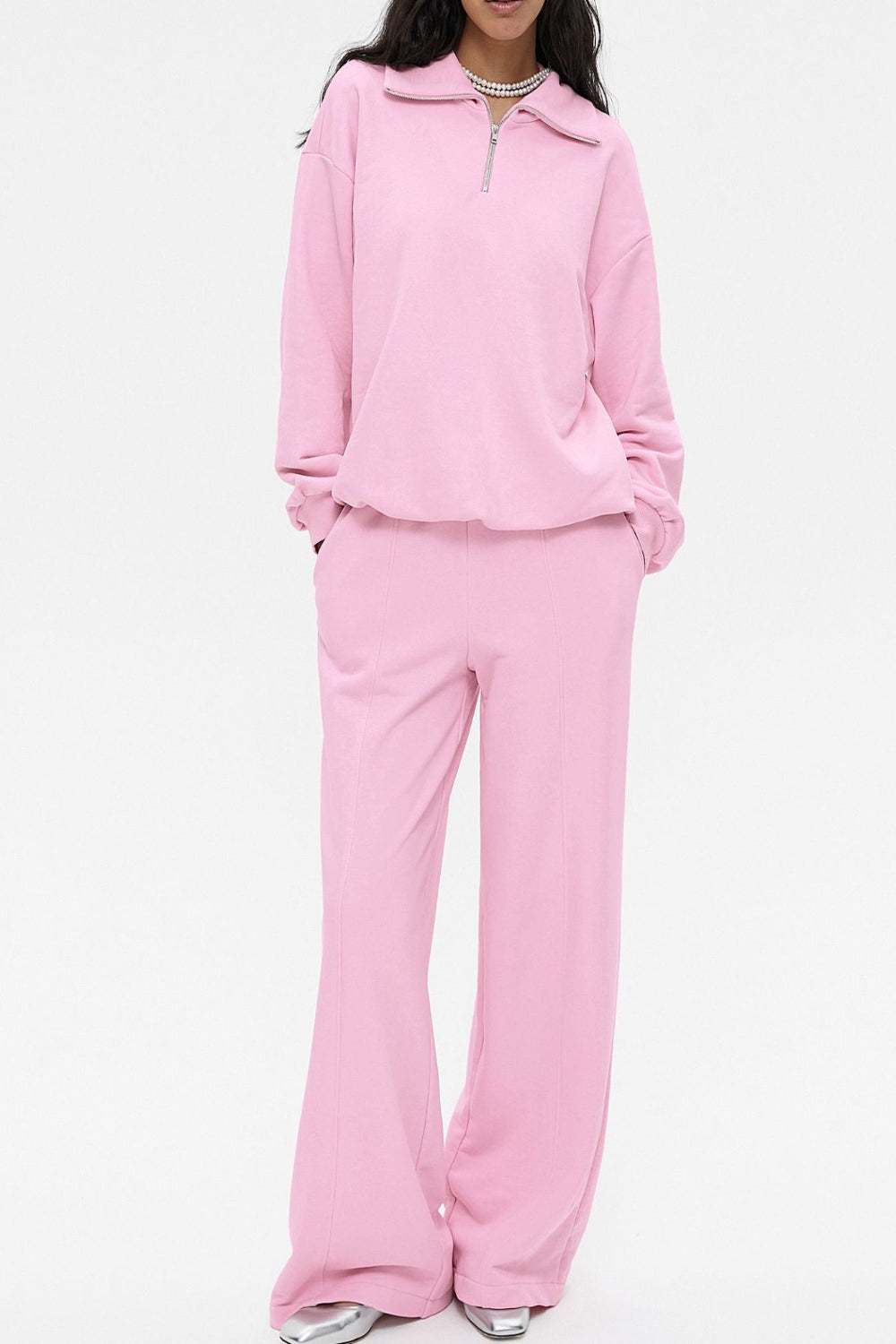 Trendsi quarter zip long sleeve top and matching pants set, stylish and comfortable loungewear in neutral fabric and fit.
