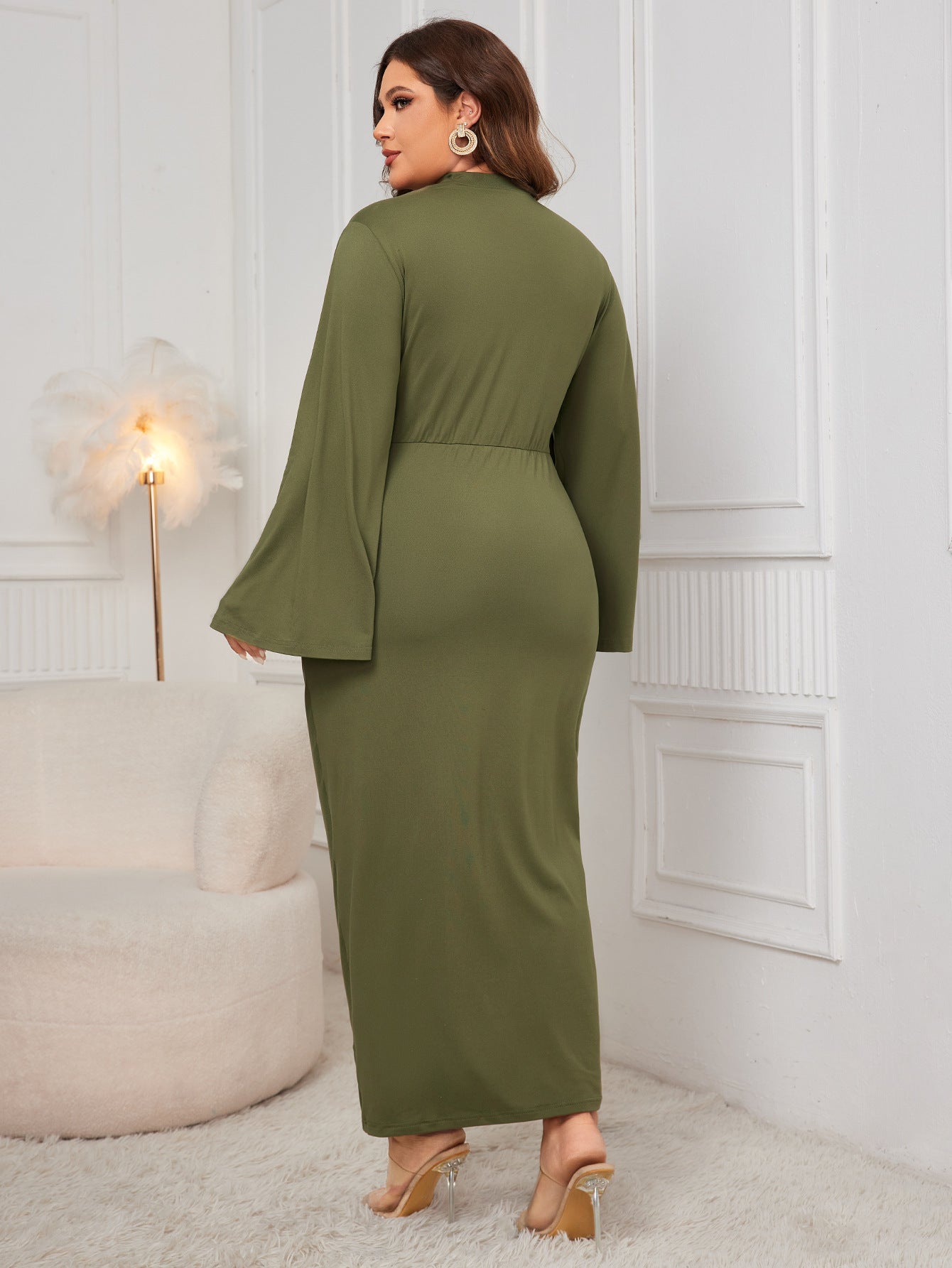 High-Neck Laterned Sleeve Hemmed Split Dress