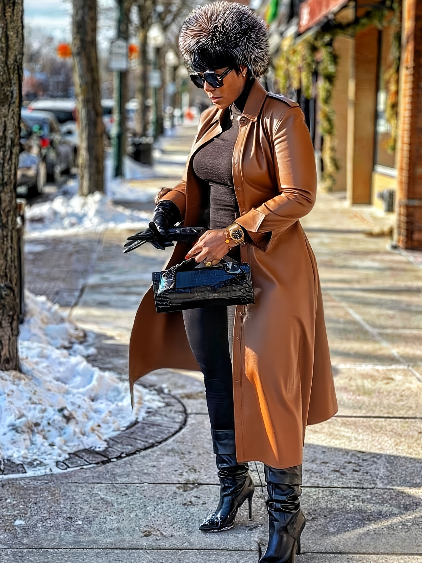 Faux Leather Long Trench Dress or Coat