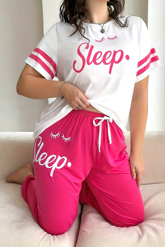 “Sleep” Graphic Striped Top & Drawstring Pajama Set – Soft Two-Piece Loungewear