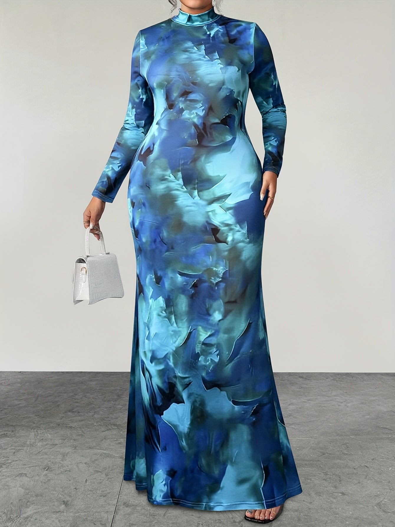 Blue-Green Marble High-Collar Fishtail Dress