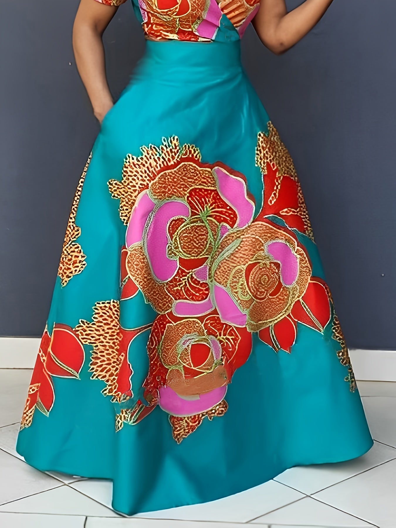 Bright Floral V-Neck Dress – Colorful Summer Midi Dress with Cap Sleeves