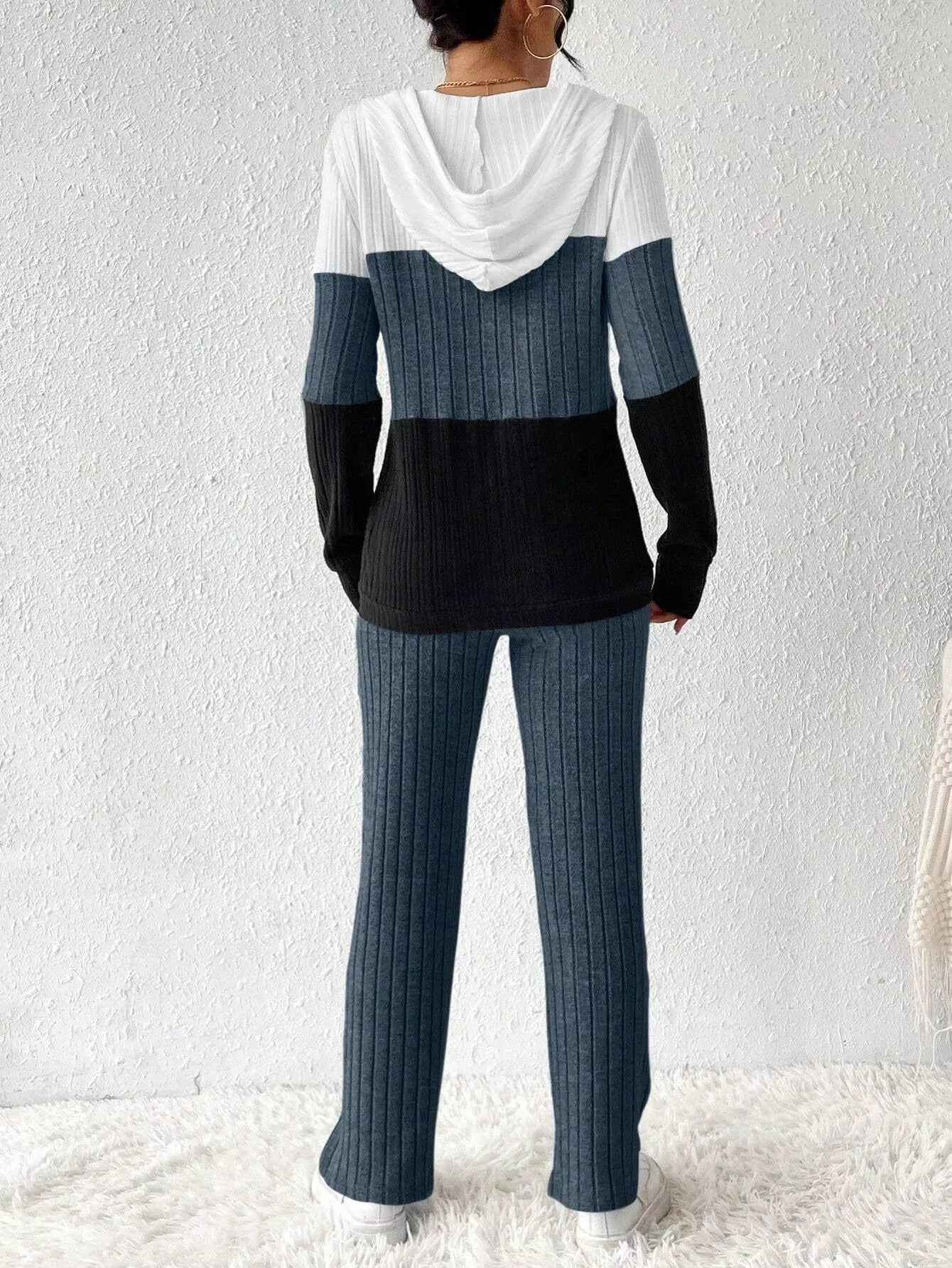 Color block half zip hooded top and pants set by Trendsi, featuring bold color blocks and comfortable casual fit.