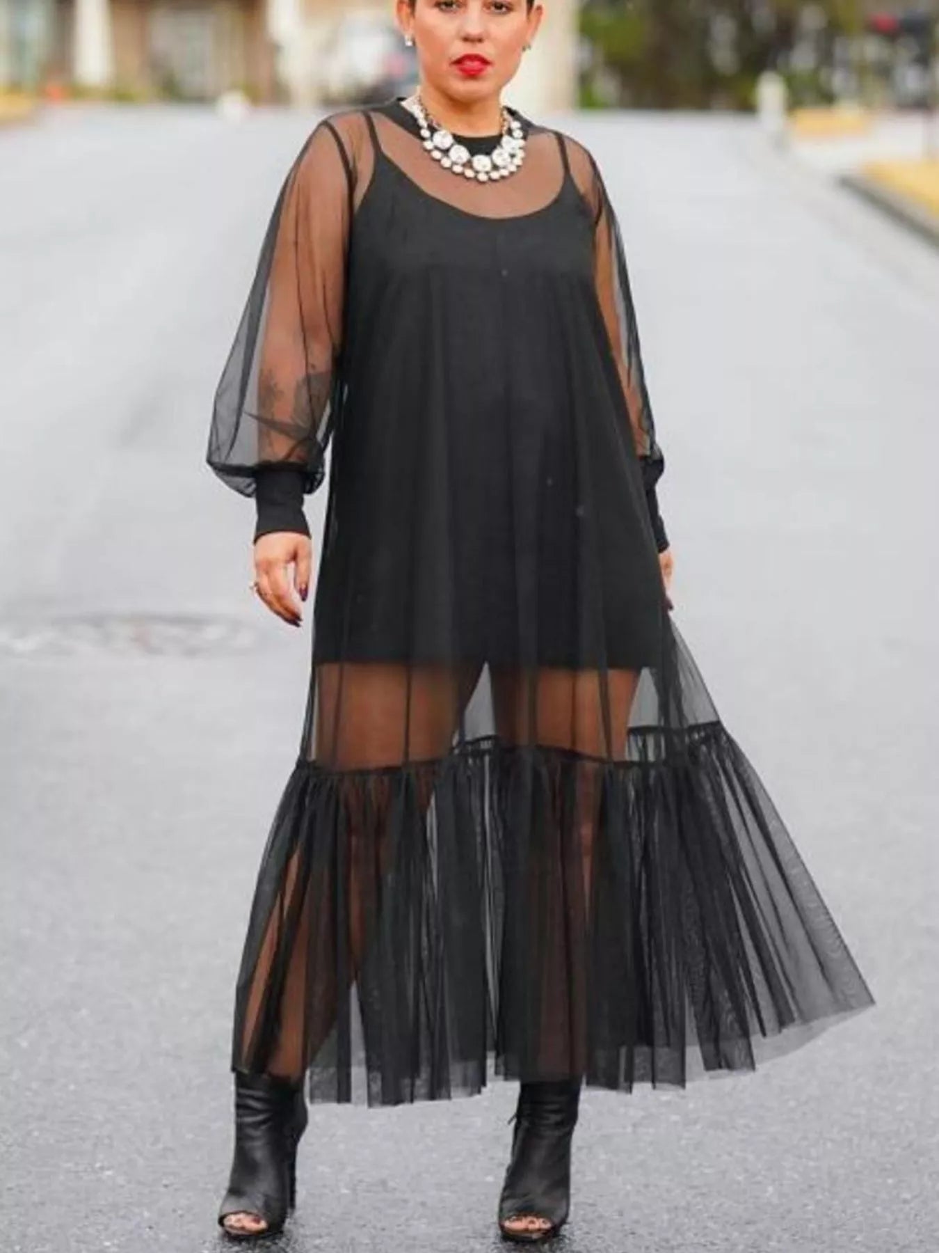 Scoop neck cami dress and sheer mesh dress set by Trendsi, featuring lightweight fabric and stylish layered design.