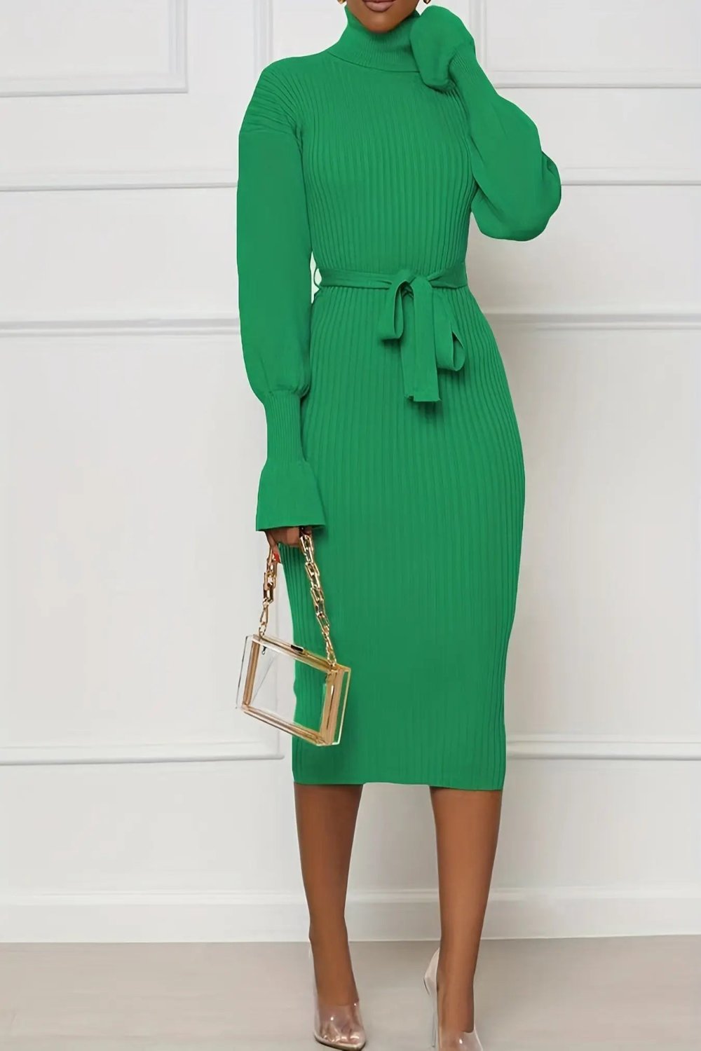 Green Knit Turtleneck Belted Midi Dress Temu