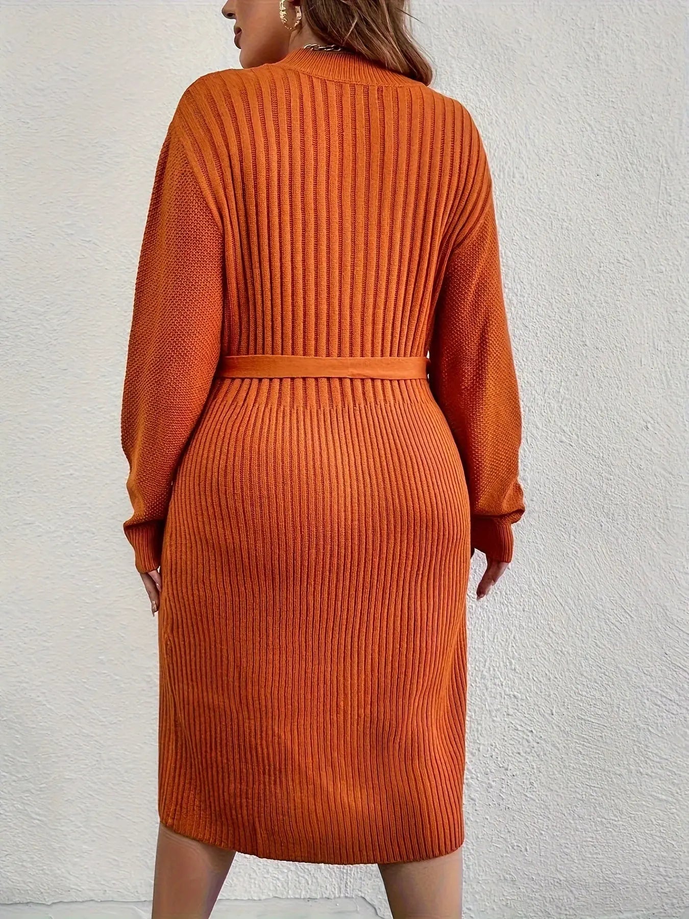 Elegant Autumn/Winter Long Sleeve Dress - Ribbed Texture, Waist Tie, Flattering A-Line Silhouette. Toshe Womens Fashion