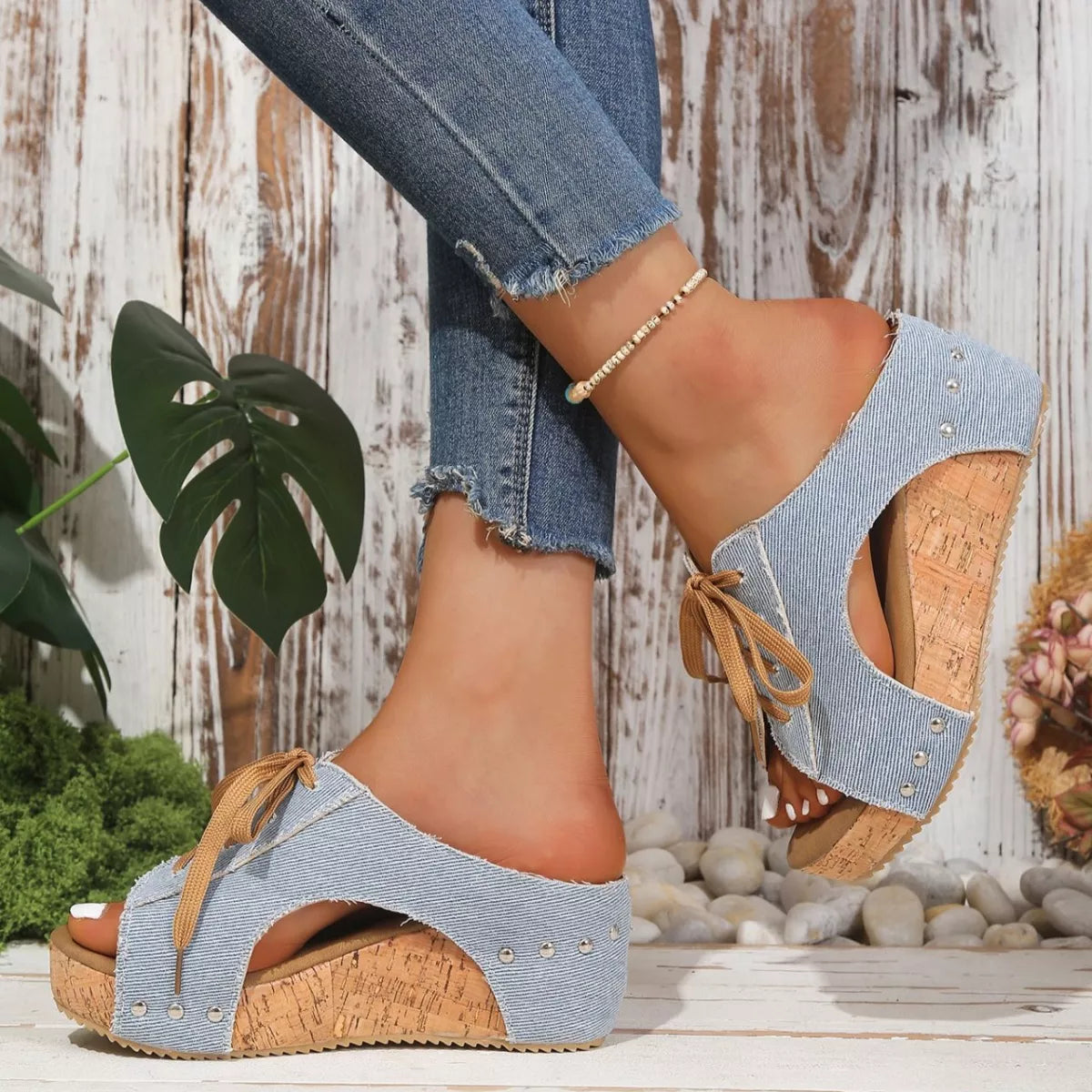 Lace-up wedge sandals by Trendsi featuring tan straps and chunky heel, perfect for casual summer wear.