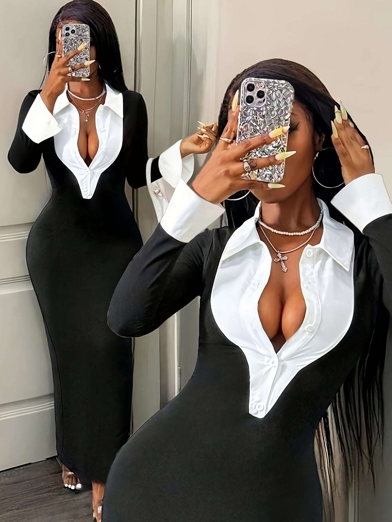 Timeless Grace V-Neck Contrast Midi Dress – Effortless Elegance from Day to Night