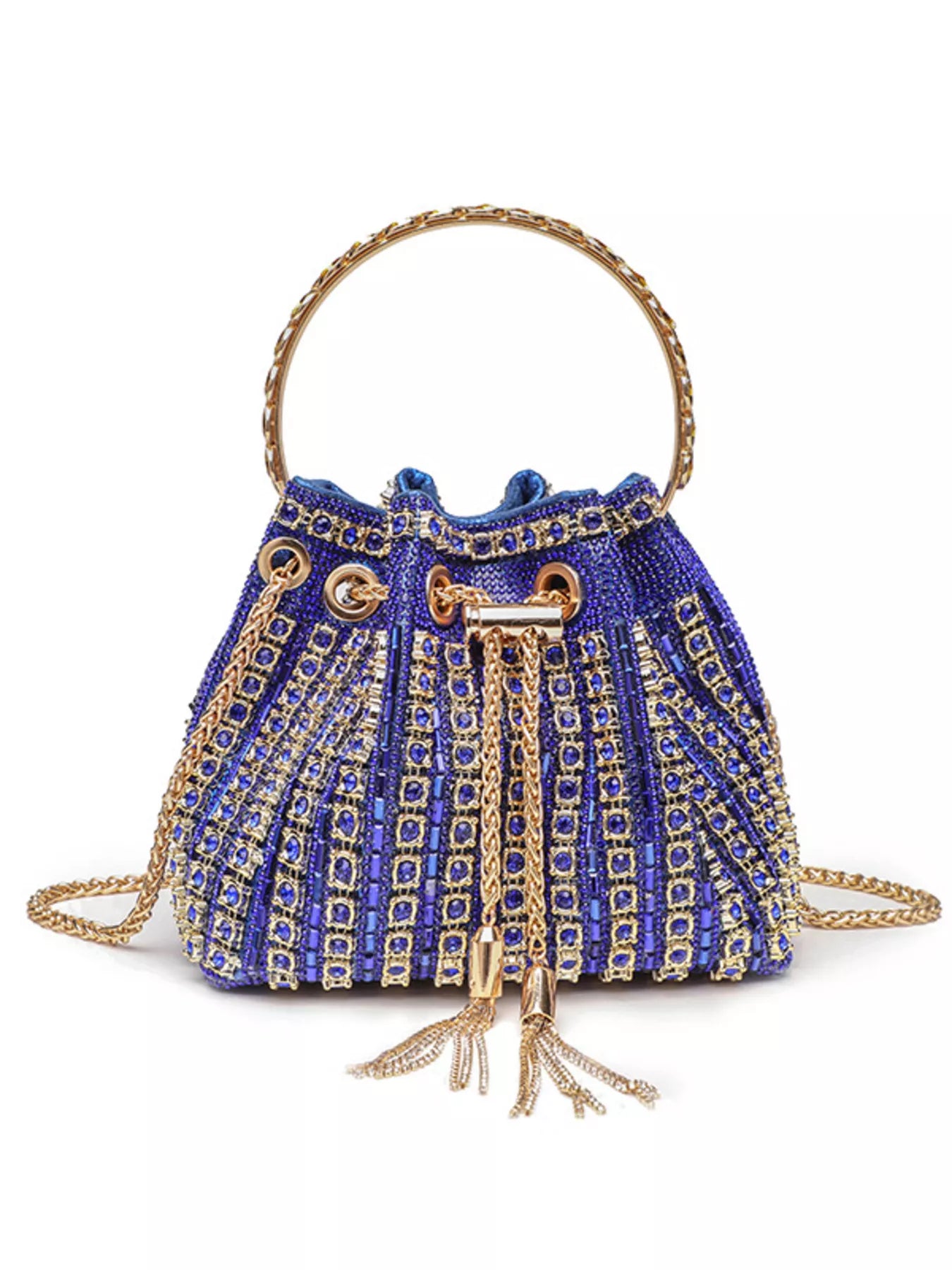 Rhinestone embellished bucket crossbody bag by Trendsi featuring sparkling rhinestones and a stylish handbag design.