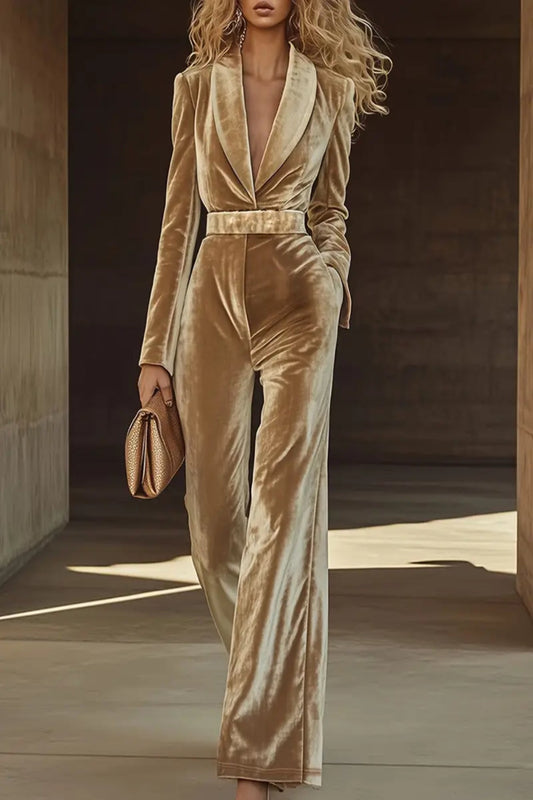 Khaki Velvet Suit Collar with a Belt Wide-leg Jumpsuit