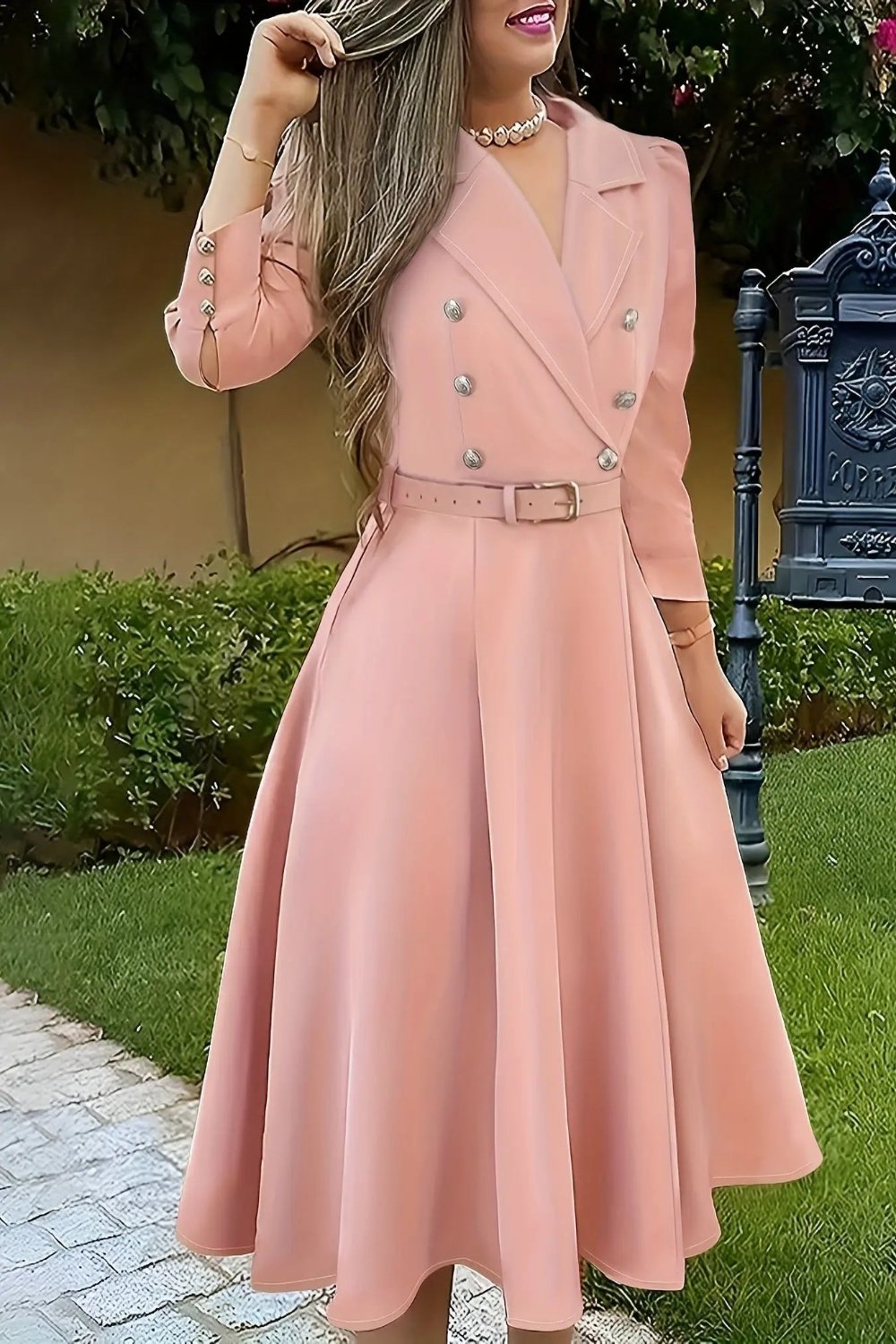 Solid Color Double Breasted Dress, Elegant Lapel Neck Belt Long Sleeve Dress aliexpress