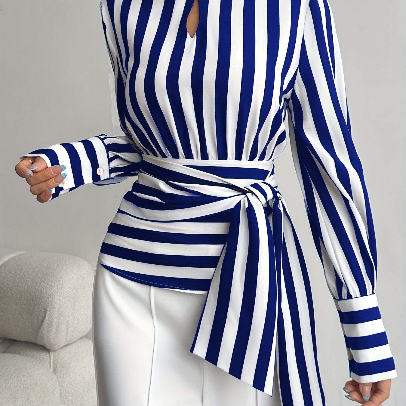 Elegant High-Neck Stripe Blouse – Adjustable Waist Tie, Long Sleeves & Smooth Fabric