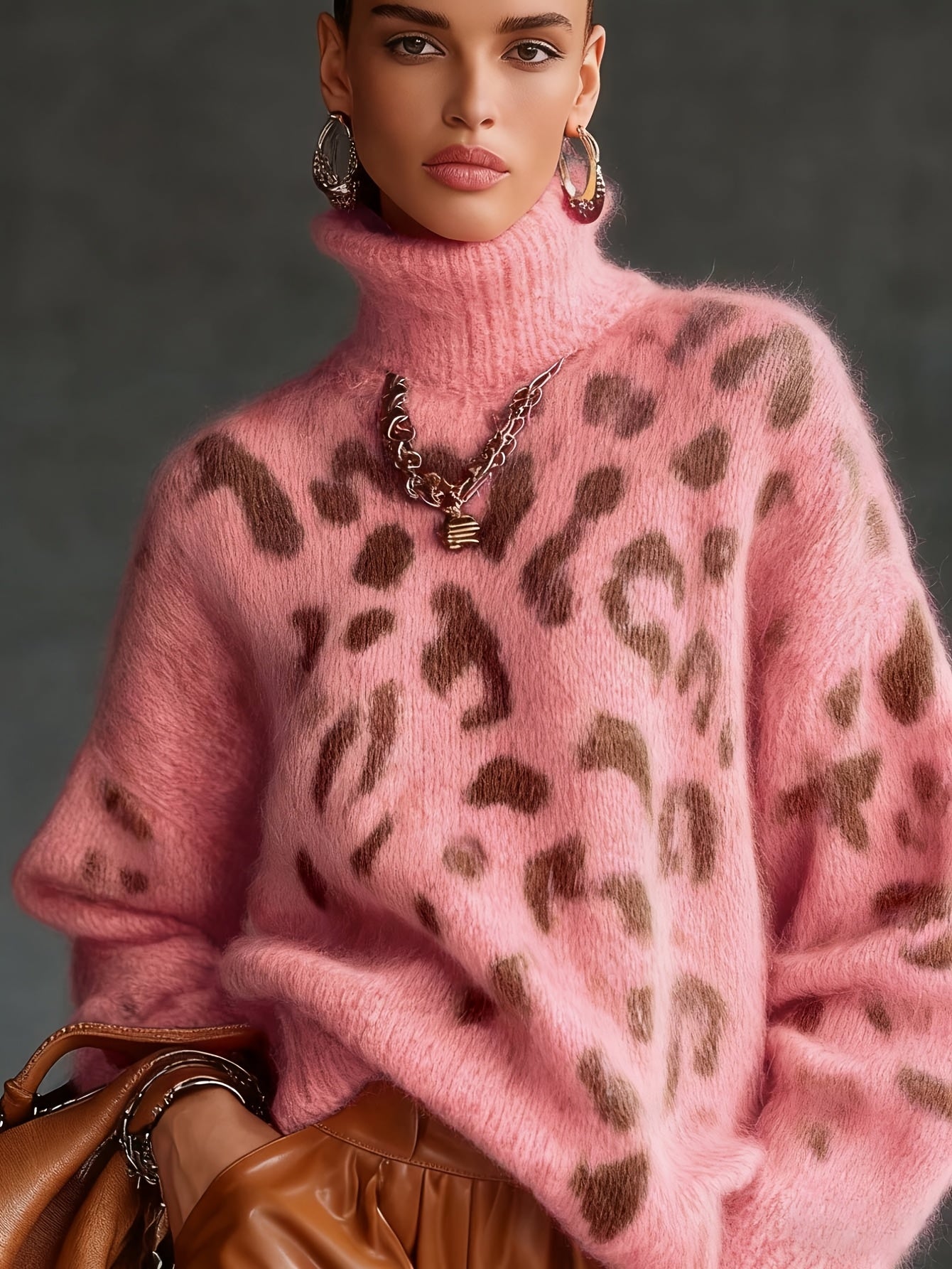 Oversized Leopard Print Turtleneck Sweater