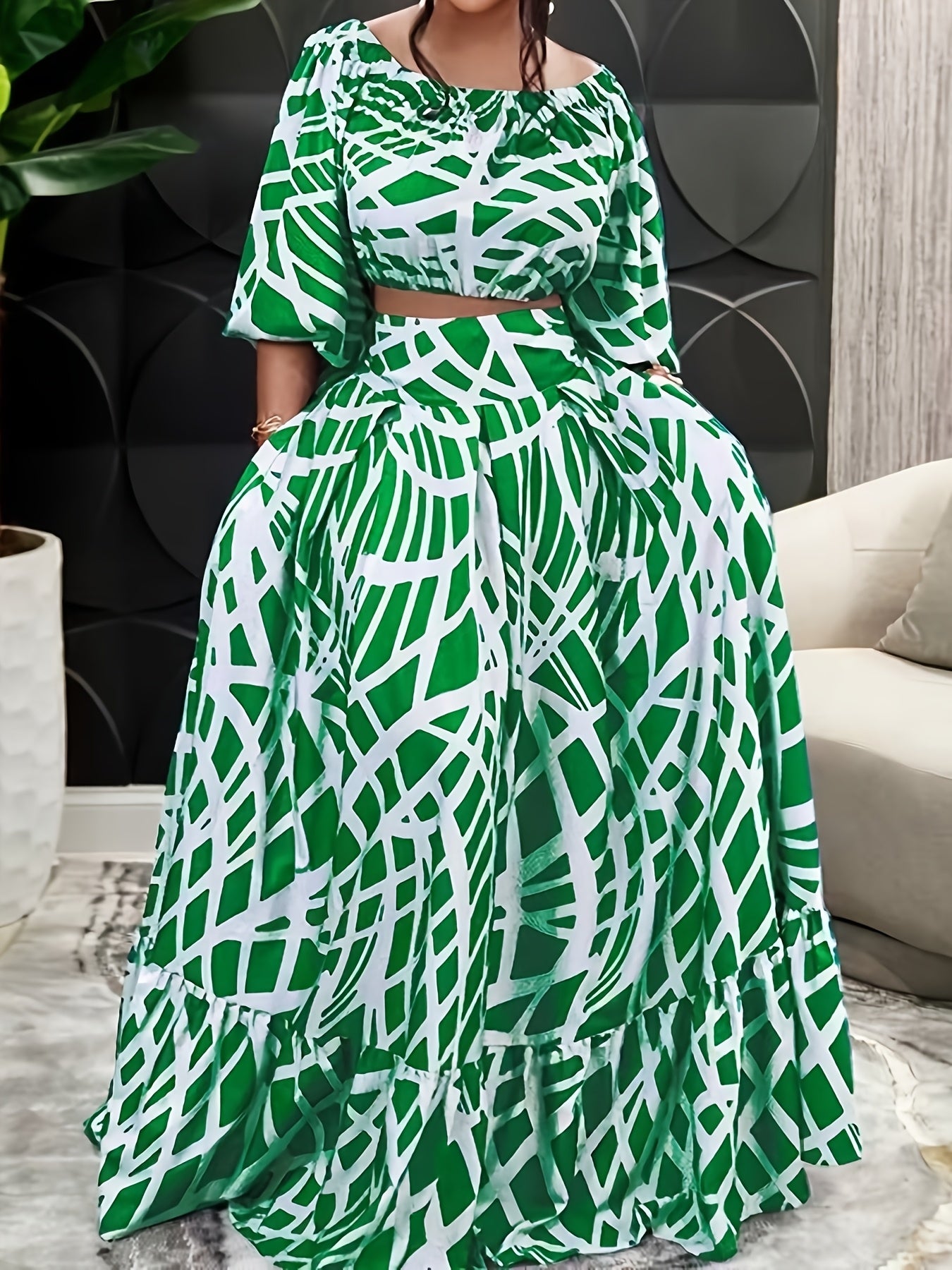 Chic Crop Geometric Print Off Shoulder Top & Skirt Set