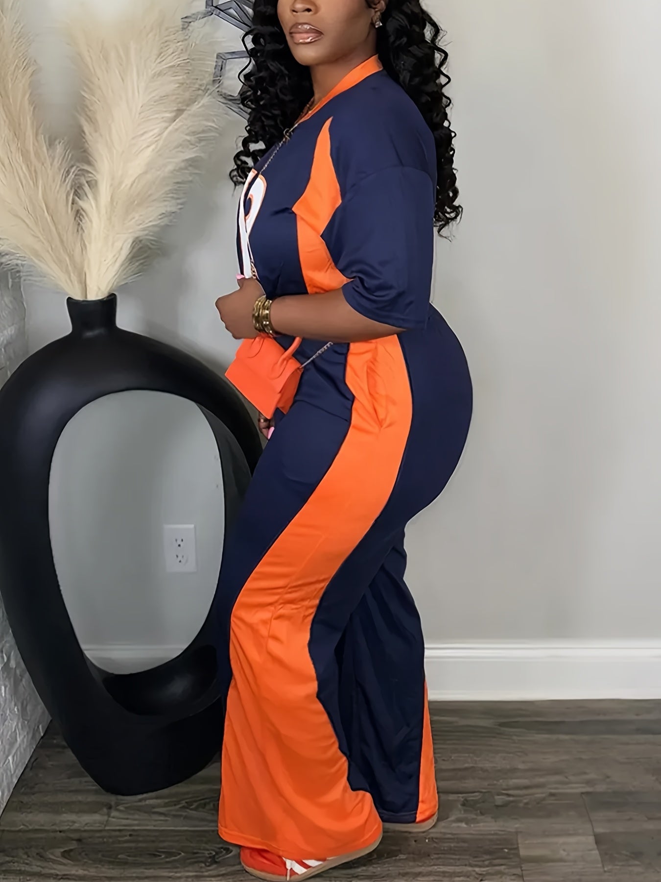 Sport Letter Print Short Sleeve Top & Colorblock Pants Set