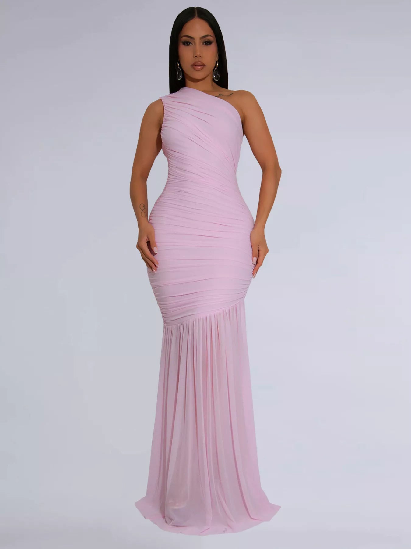 One-shoulder ruched bodycon maxi dress by Trendsi, featuring a fitted silhouette and elegant design, shown on a model.