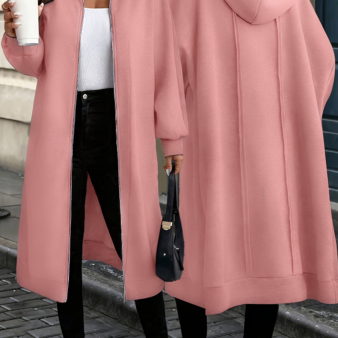 Hooded Zipper Front Long Overcoat