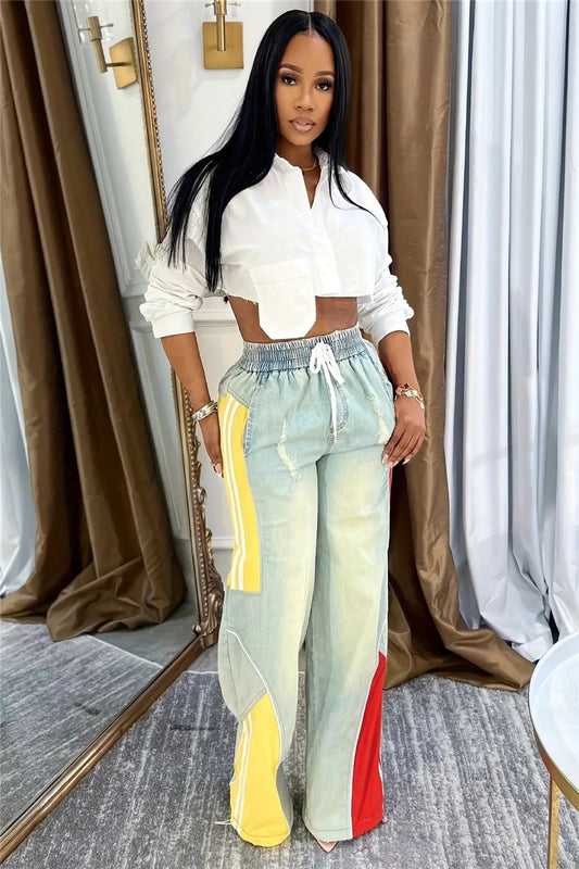 Color-block Drawstring Wide Leg Jeans Toshe Women's Fashions