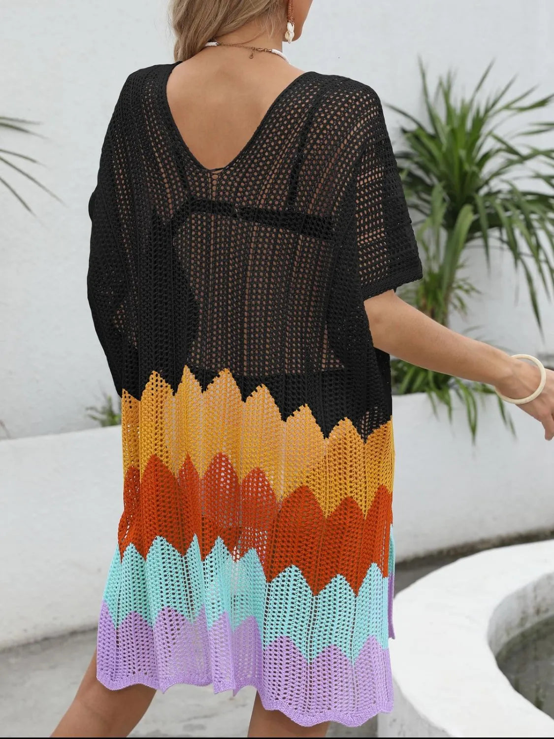Openwork V-neck half sleeve swim cover-up by Trendsi, featuring a stylish open-knit design and lightweight fabric for beachwear.