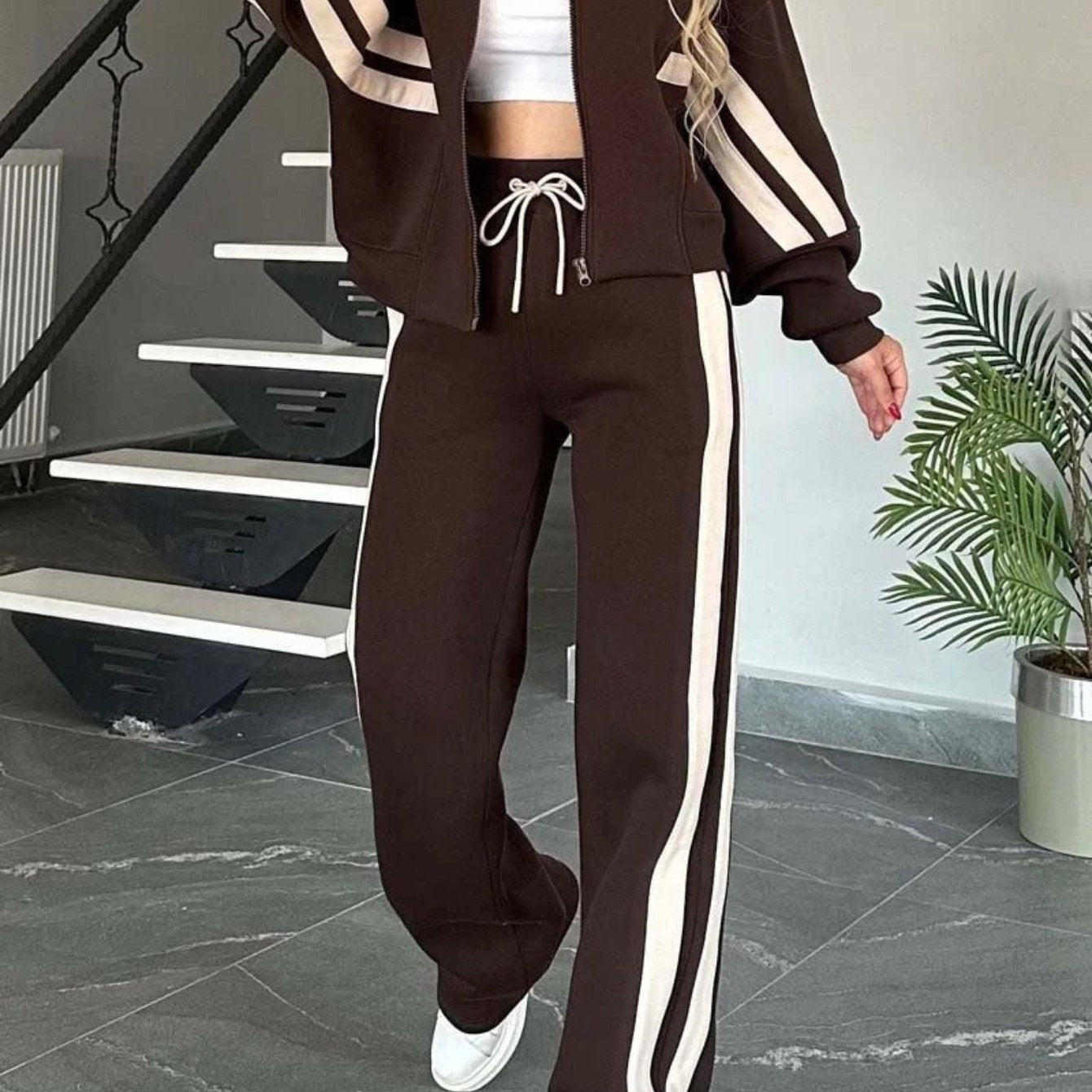 Striped Zipper Jacket and Pants Set