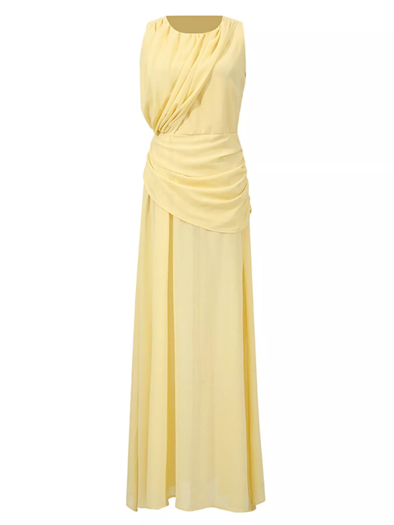 Yellow sleeveless ruched high-slit maxi dress by Trendsi, flowing fabric with a fitted bodice and dramatic slit.