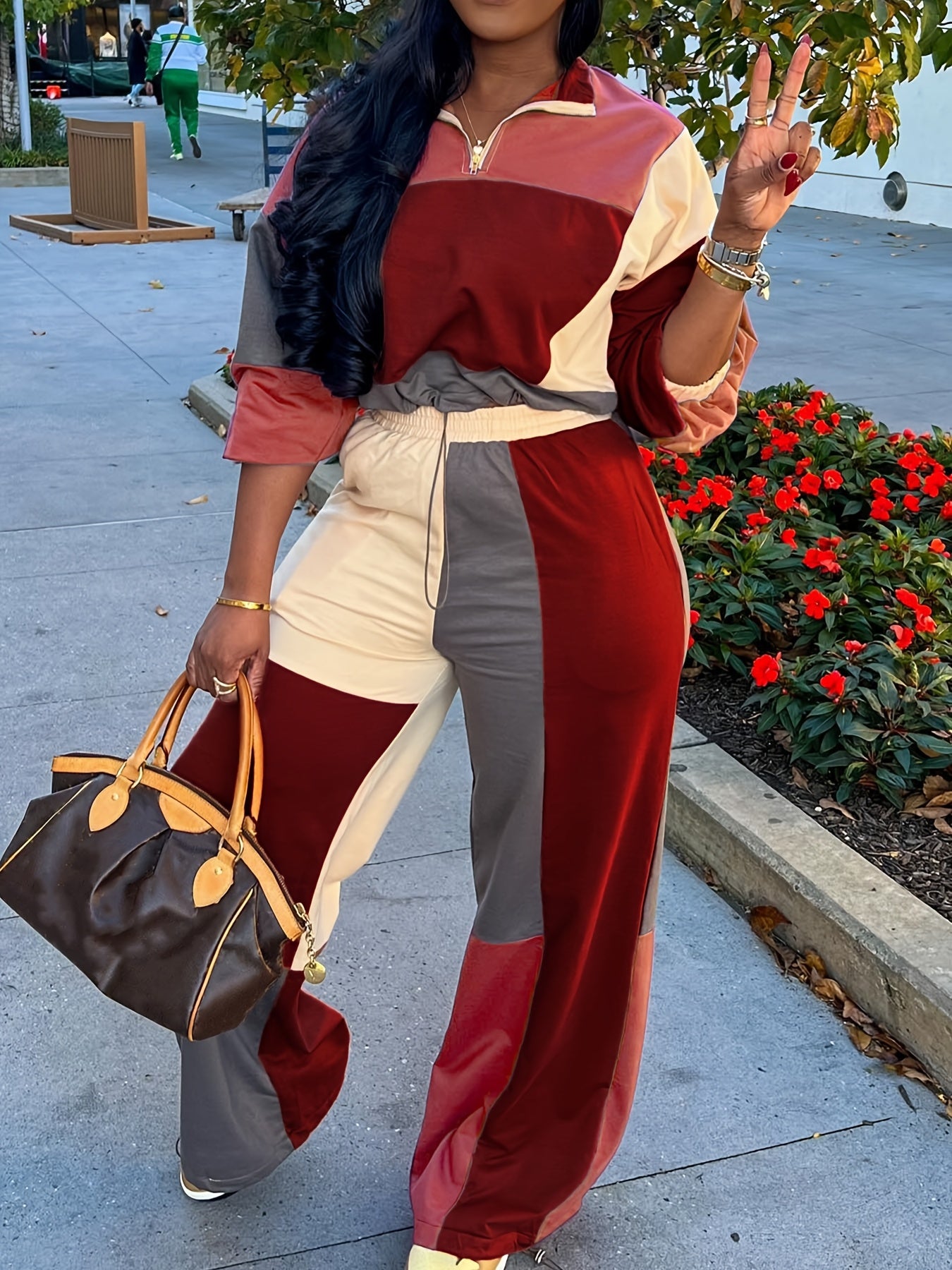 Color Block Cropped Zip Hoodie & High Waist Pants Set