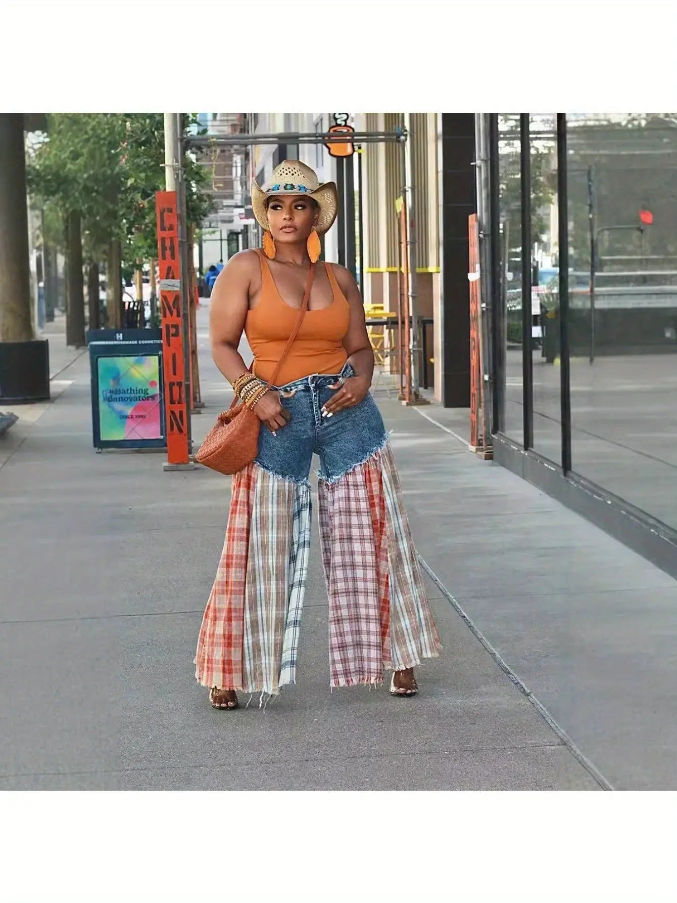 Blue Jean and Plaid Wide-Leg Jeans Toshe Women's Fashions