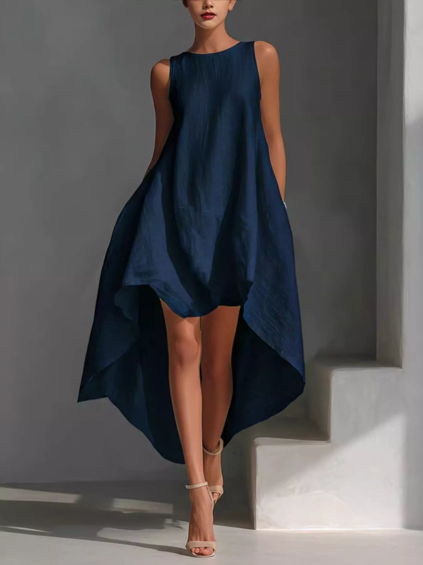 High-low sleeveless dress with a round neck from Trendsi, featuring a stylish and flowy design perfect for warm-weather occasions.