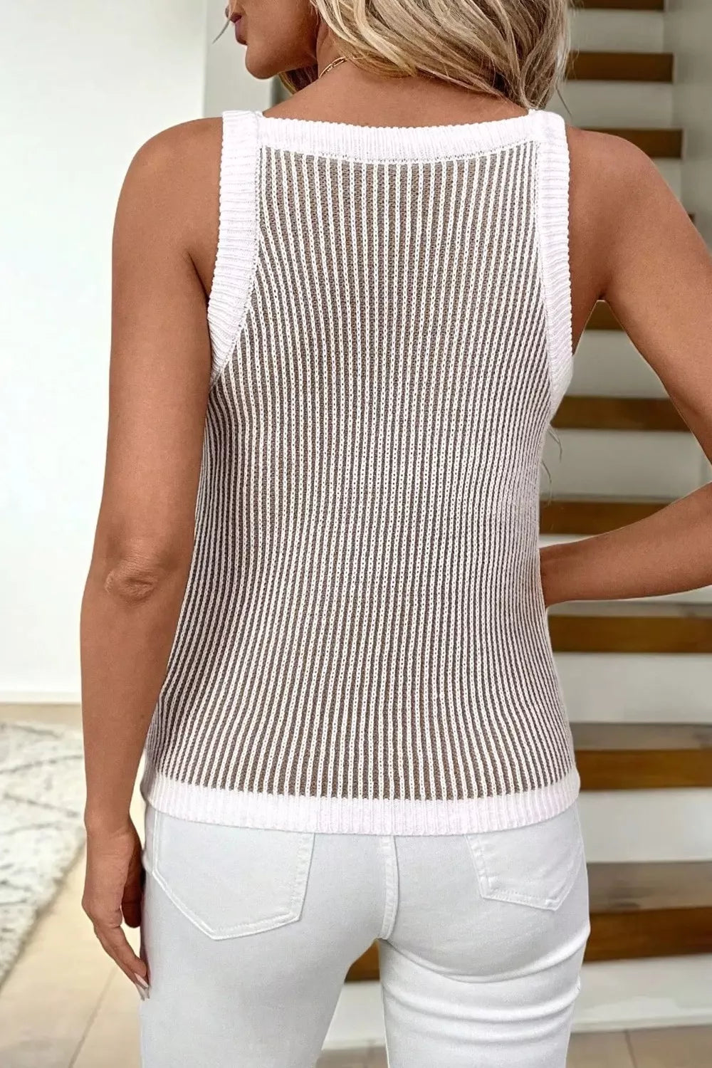 Contrast trim ribbed knit sweater tank top with sleeveless design and fitted silhouette, in soft fabric with stylish trim details.