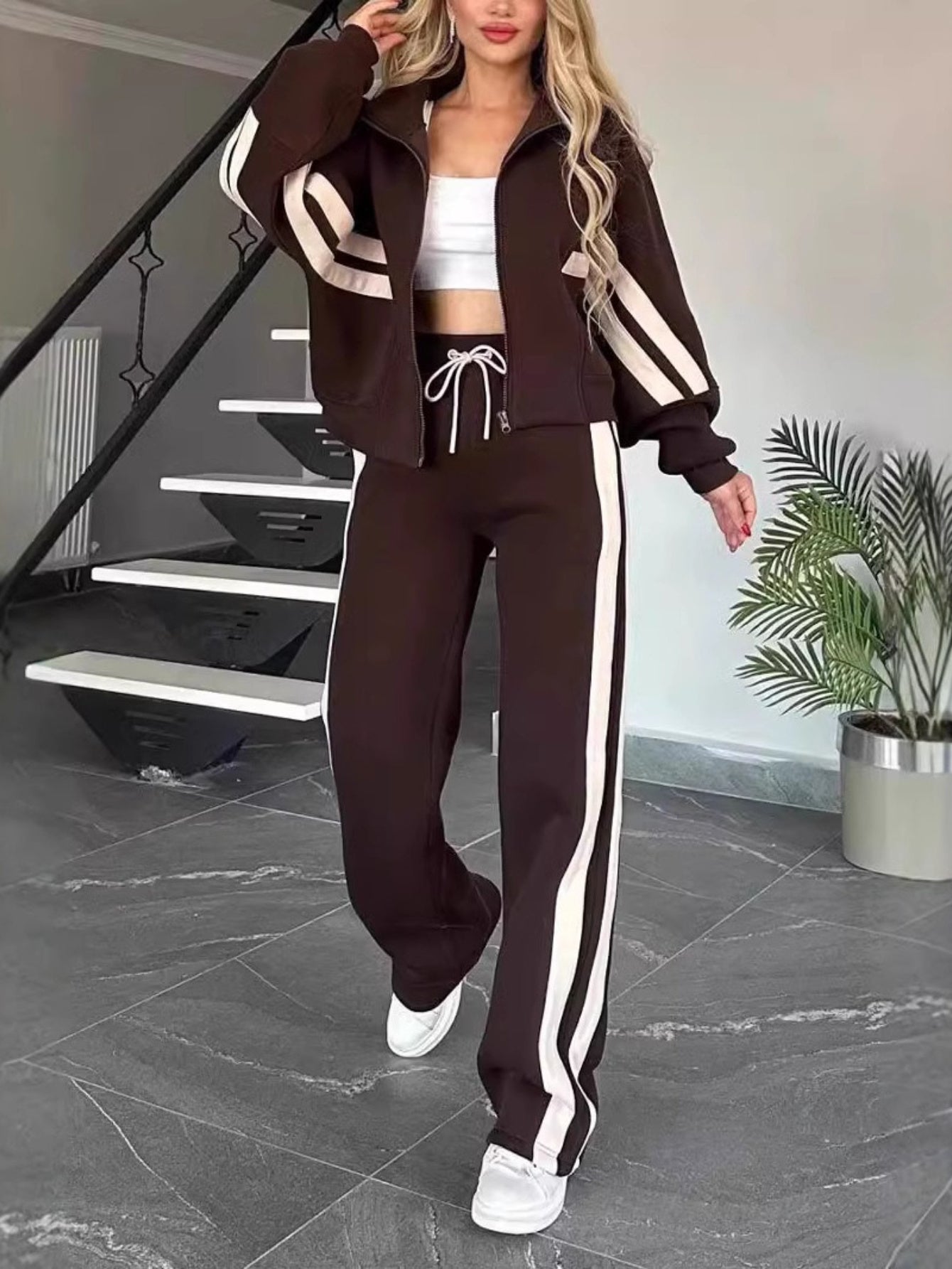 Striped Zipper Jacket and Pants Set