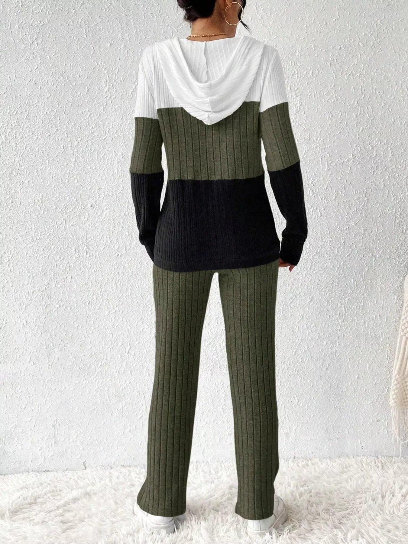 Color block half zip hooded top and pants set by Trendsi, featuring vibrant color blocking and casual comfort.