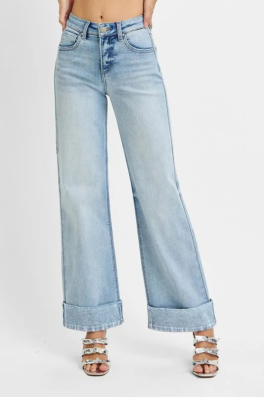 Wide cuffed high-rise ankle jeans in denim featuring a trendy fit and stylish design by Trendsi.