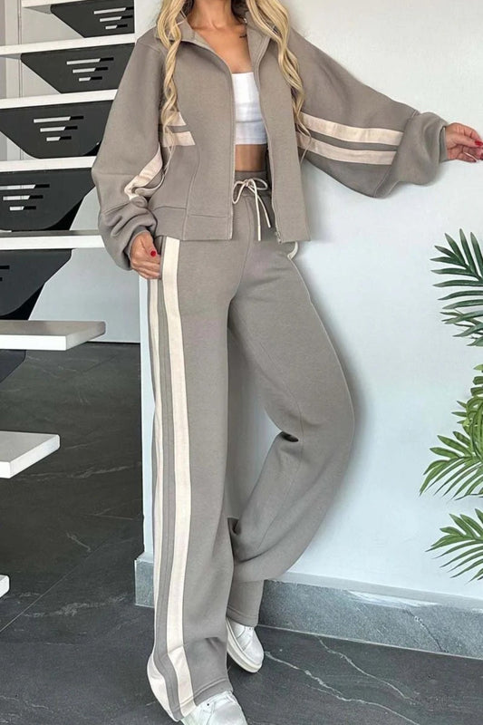 Striped Zipper Jacket and Pants Set