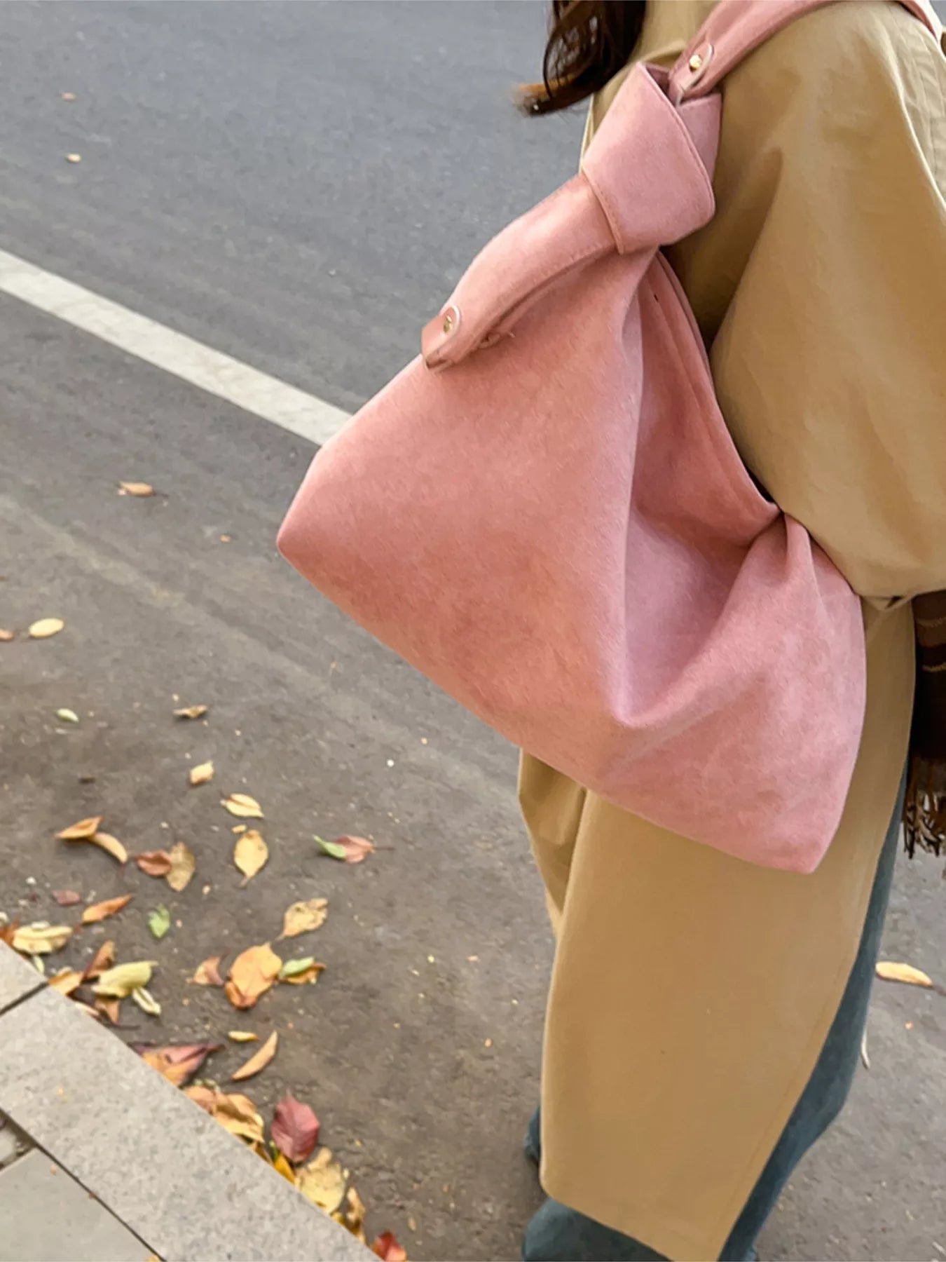 Suede Trendsi hobo shoulder handbag with a slouchy design, featuring a soft, textured light brown suede material.