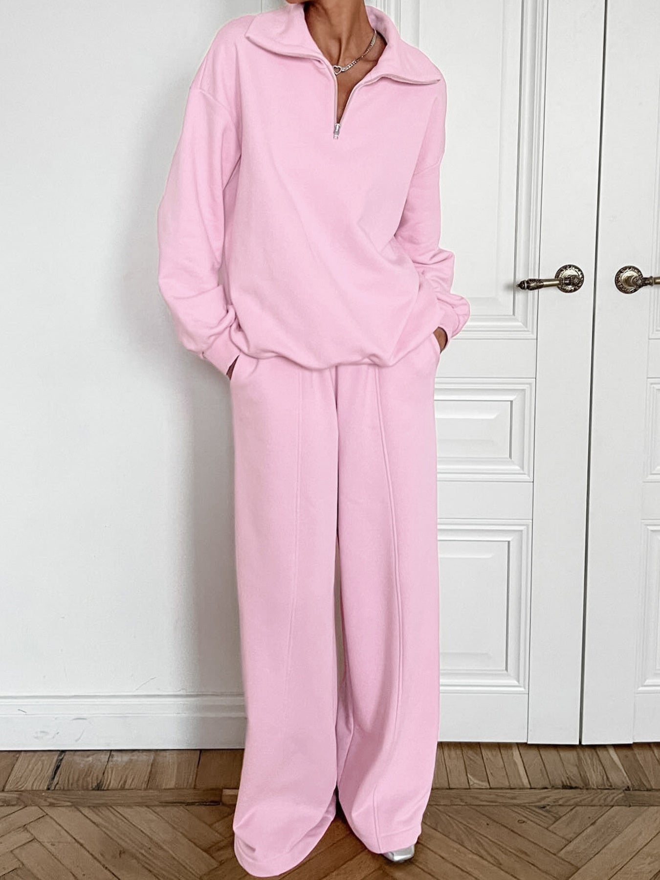 Trendsi quarter zip long sleeve top and matching pants set in neutral fabric, casual style with a relaxed fit.