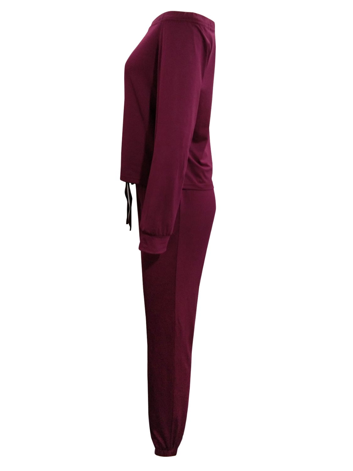 Burgundy off-shoulder top and cropped pants set by Trendsi, stylish matching outfit with fitted fabric and trendy design.