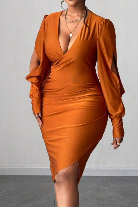 Deep V-Neck Asymmetrical Hem Curvy Dress